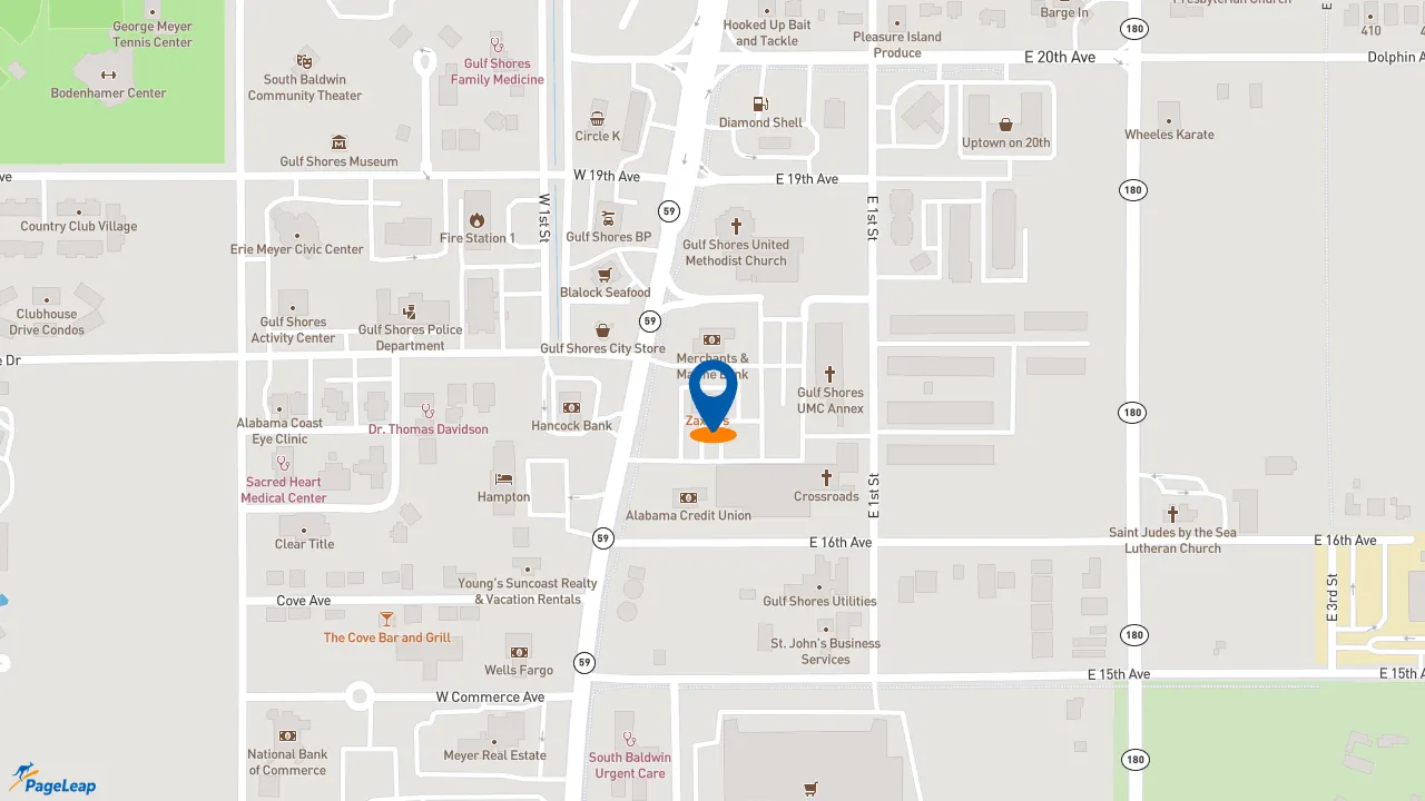 https://pageleap.com map showing location of Zaxby&#039;s Chicken Fingers &amp; Buffalo Wings in Gulf Shores.