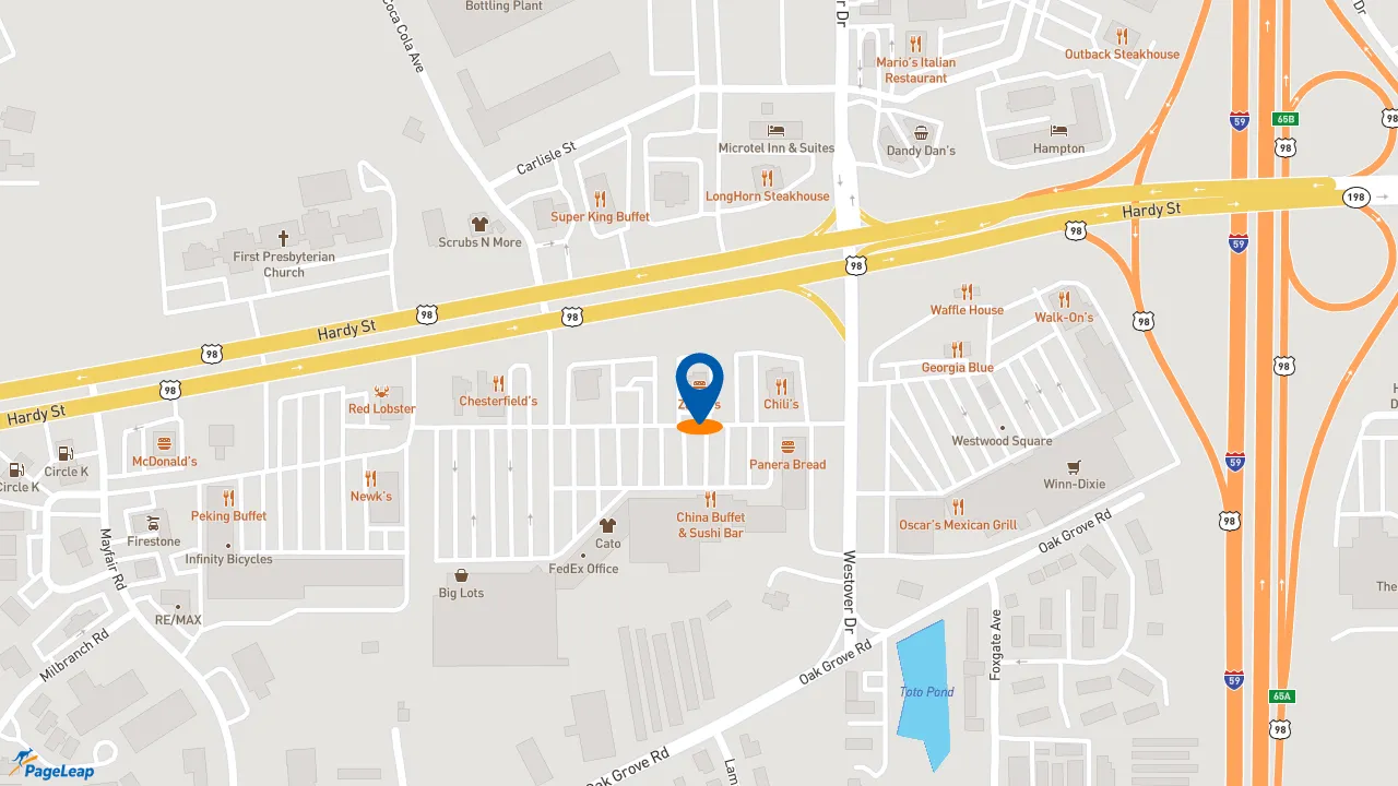 https://pageleap.com map showing location of Zaxby&#039;s Chicken Fingers &amp; Buffalo Wings in Hattiesburg.