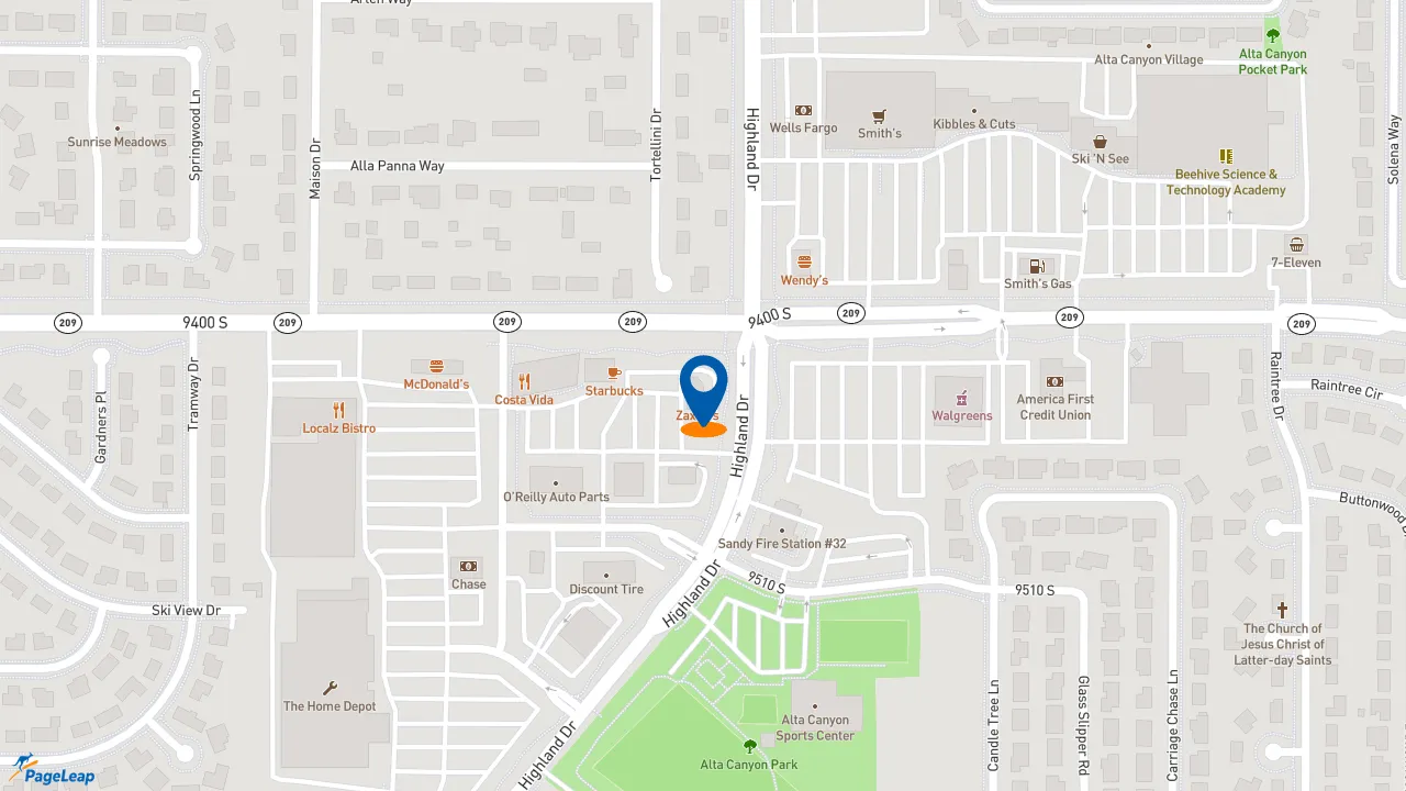 https://pageleap.com map showing location of Zaxby&#039;s Chicken Fingers &amp; Buffalo Wings in Cottonwood Heights.