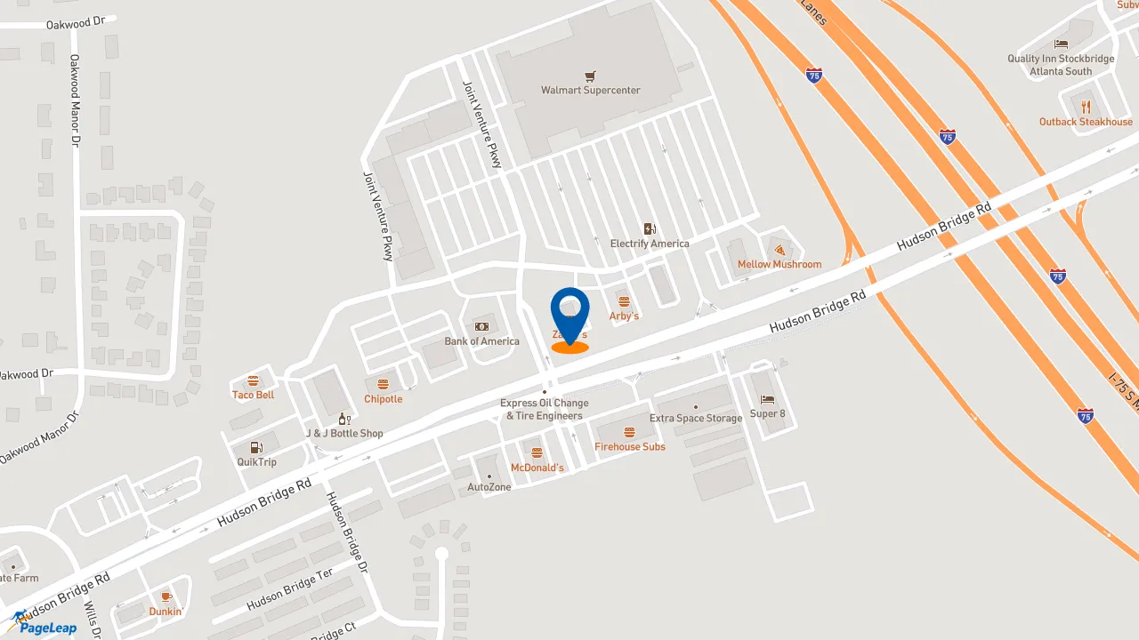 https://pageleap.com map showing location of Zaxby&#039;s Chicken Fingers &amp; Buffalo Wings in Stockbridge.