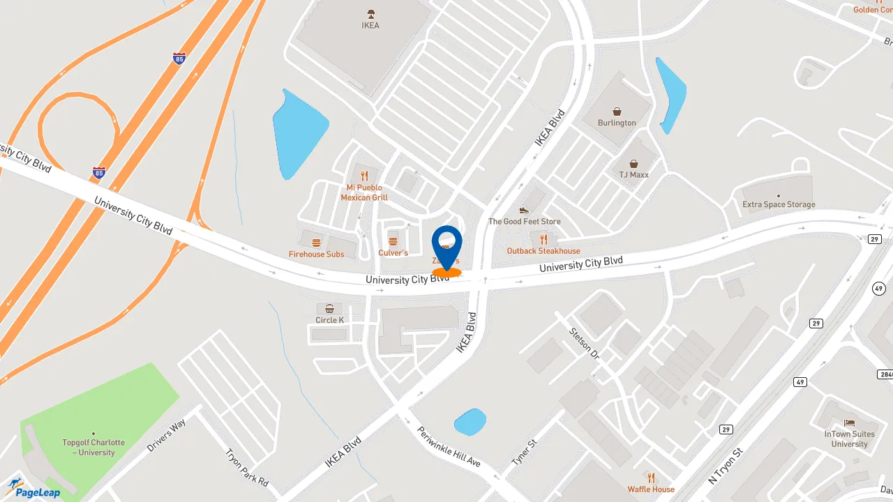 https://pageleap.com map showing location of Zaxby&#039;s Chicken Fingers &amp; Buffalo Wings in Charlotte.