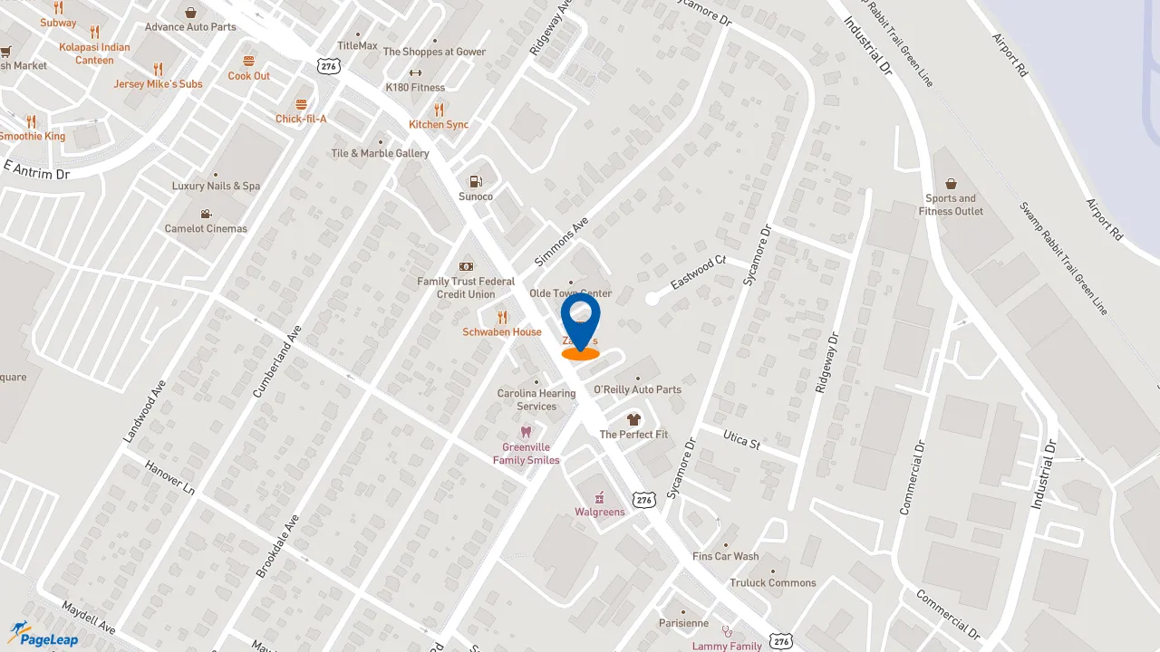 https://pageleap.com map showing location of Zaxby&#039;s Chicken Fingers &amp; Buffalo Wings in Greenville.