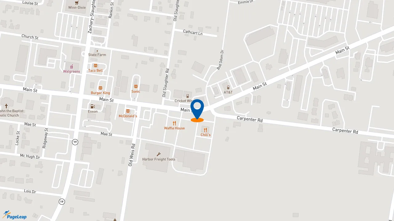 https://pageleap.com map showing location of Zaxby&#039;s Chicken Fingers &amp; Buffalo Wings in Zachary.