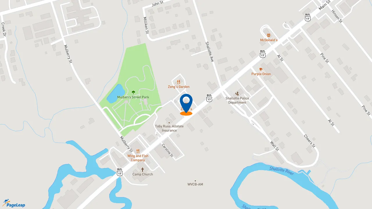 https://pageleap.com map showing location of Zaxby&#039;s Chicken Fingers &amp; Buffalo Wings in Shallotte.