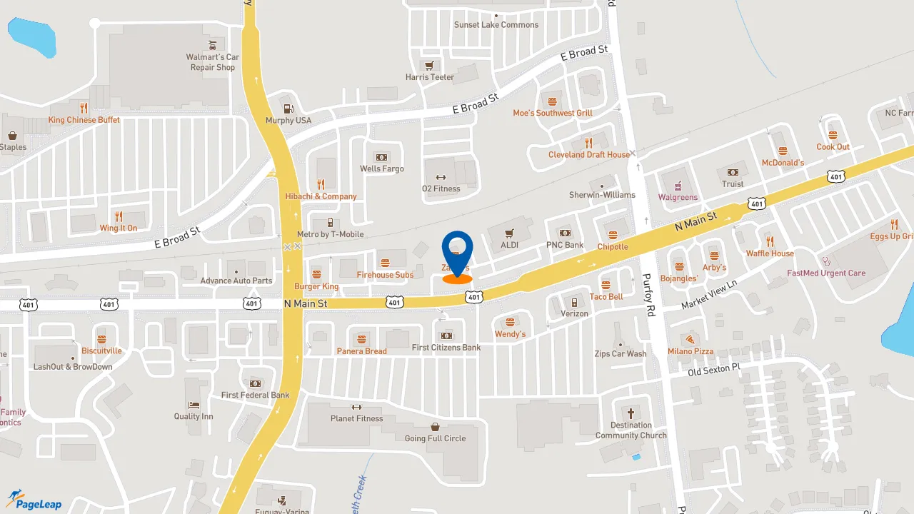 https://pageleap.com map showing location of Zaxby&#039;s Chicken Fingers &amp; Buffalo Wings in Fuquay Varina.