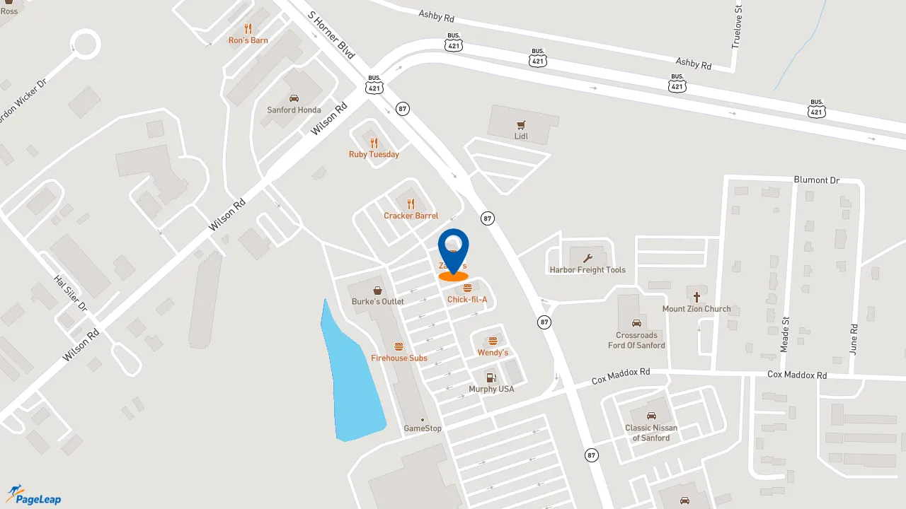 https://pageleap.com map showing location of Zaxby&#039;s Chicken Fingers &amp; Buffalo Wings in Sanford.