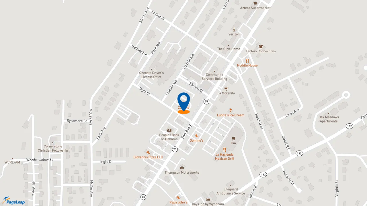 https://pageleap.com map showing location of Zaxby&#039;s Chicken Fingers &amp; Buffalo Wings in Oneonta.