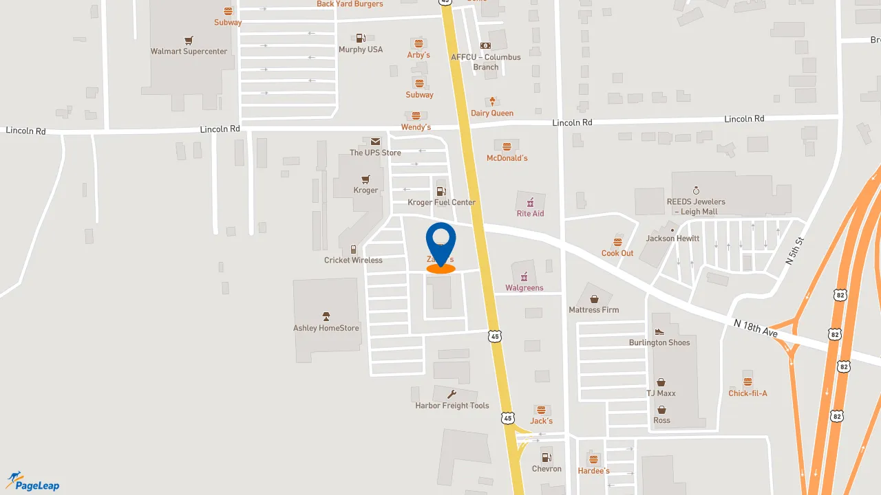 https://pageleap.com map showing location of Zaxby&#039;s Chicken Fingers &amp; Buffalo Wings in Columbus.