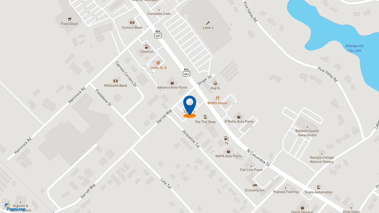 https://pageleap.com map showing location of Zaxby&#039;s Chicken Fingers &amp; Buffalo Wings in Milledgeville.