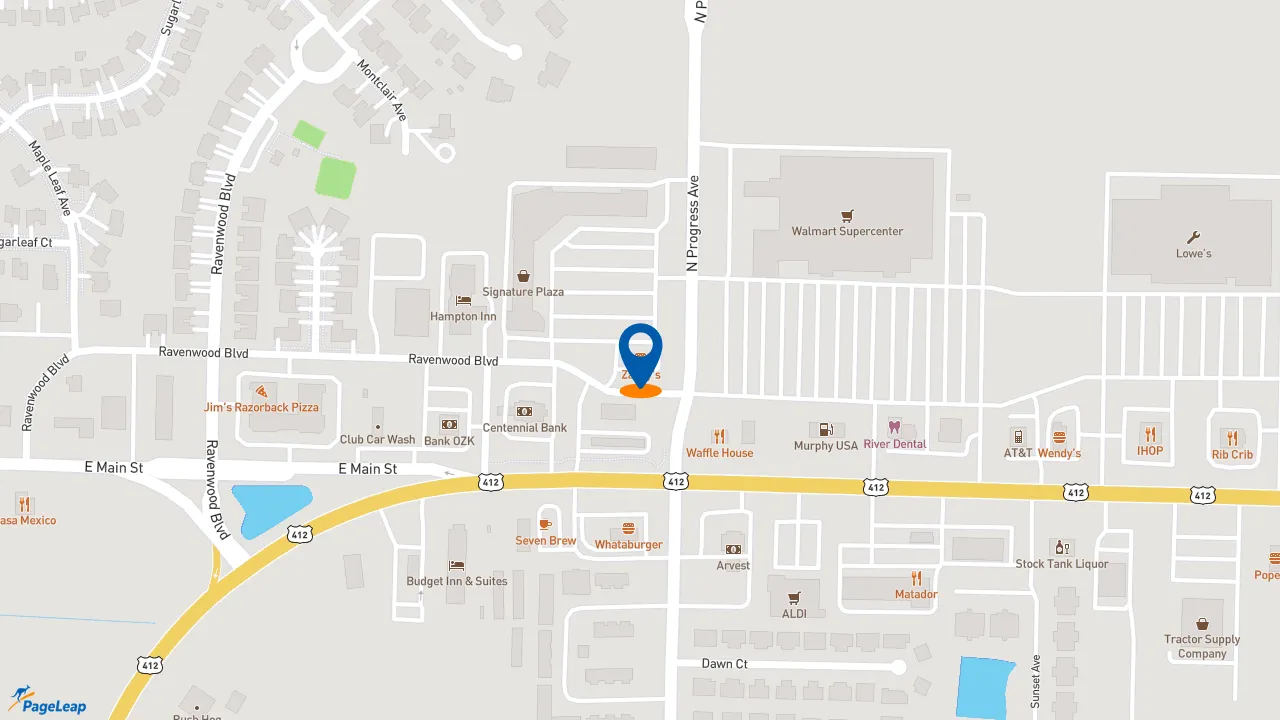 https://pageleap.com map showing location of Zaxby&#039;s Chicken Fingers &amp; Buffalo Wings in Siloam Springs.
