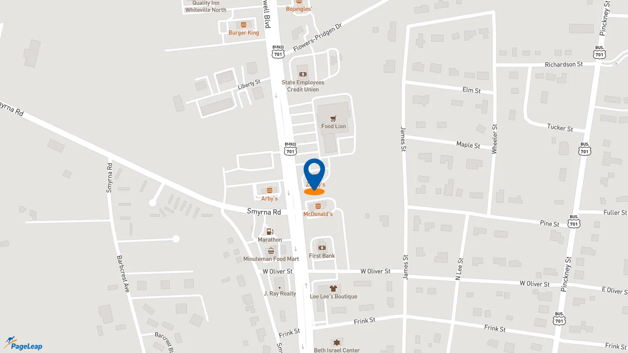 https://pageleap.com map showing location of Zaxby&#039;s Chicken Fingers &amp; Buffalo Wings in Whiteville.
