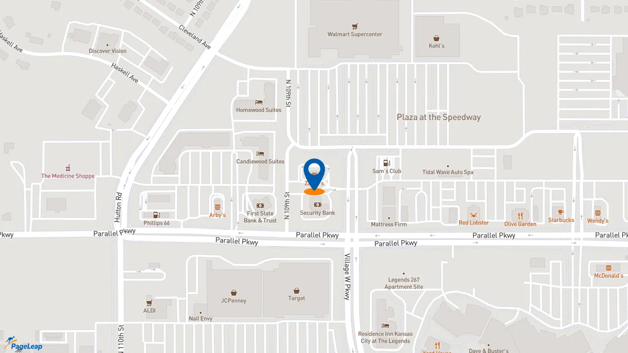 https://pageleap.com map showing location of Zaxby&#039;s Chicken Fingers &amp; Buffalo Wings in Kansas City.