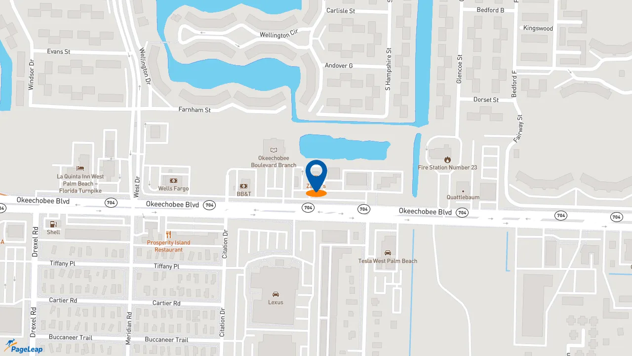 https://pageleap.com map showing location of Zaxby&#039;s Chicken Fingers &amp; Buffalo Wings in West Palm Beach.