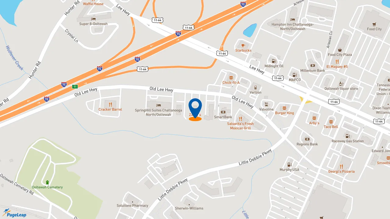 https://pageleap.com map showing location of Zaxby&#039;s Chicken Fingers &amp; Buffalo Wings in Ooltewah.