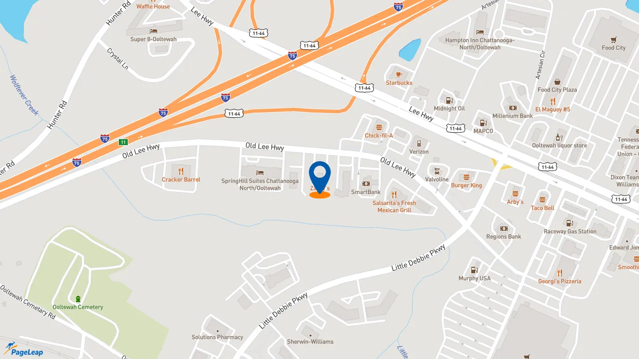https://pageleap.com map showing location of Zaxby&#039;s Chicken Fingers &amp; Buffalo Wings in Collegedale.