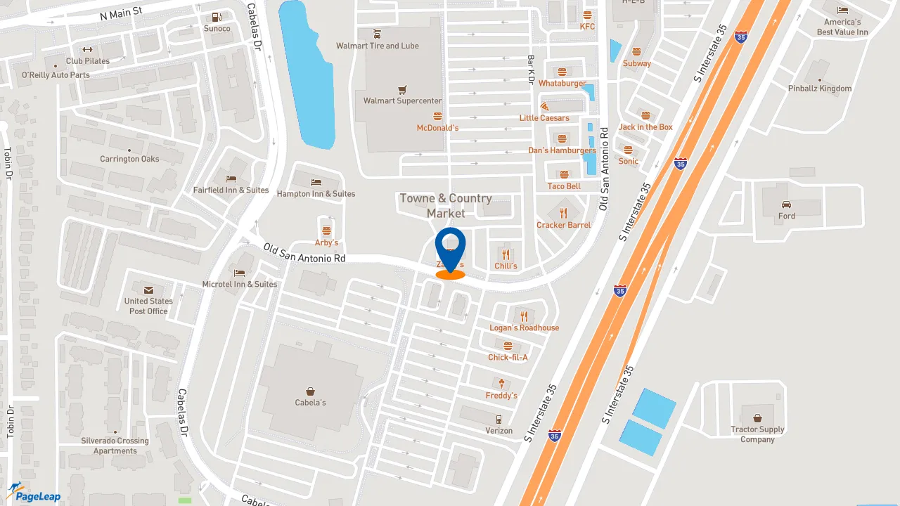 https://pageleap.com map showing location of Zaxby&#039;s Chicken Fingers &amp; Buffalo Wings in Buda.