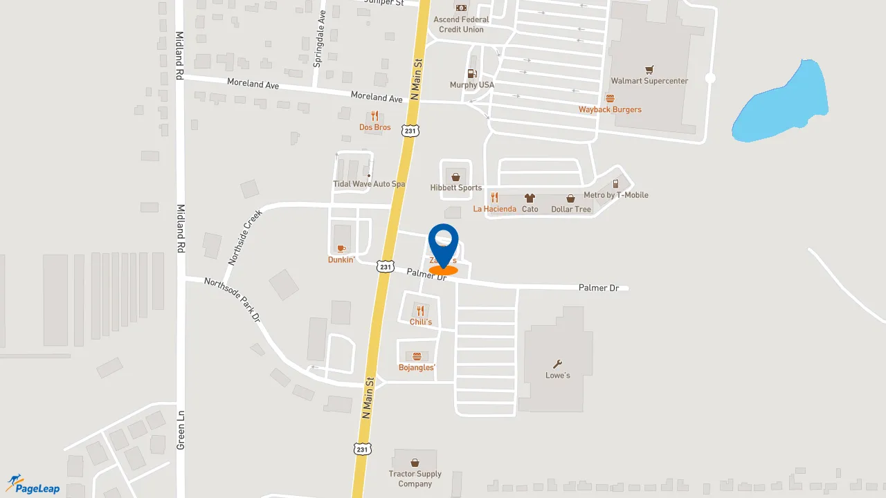 https://pageleap.com map showing location of Zaxby&#039;s Chicken Fingers &amp; Buffalo Wings in Shelbyville.