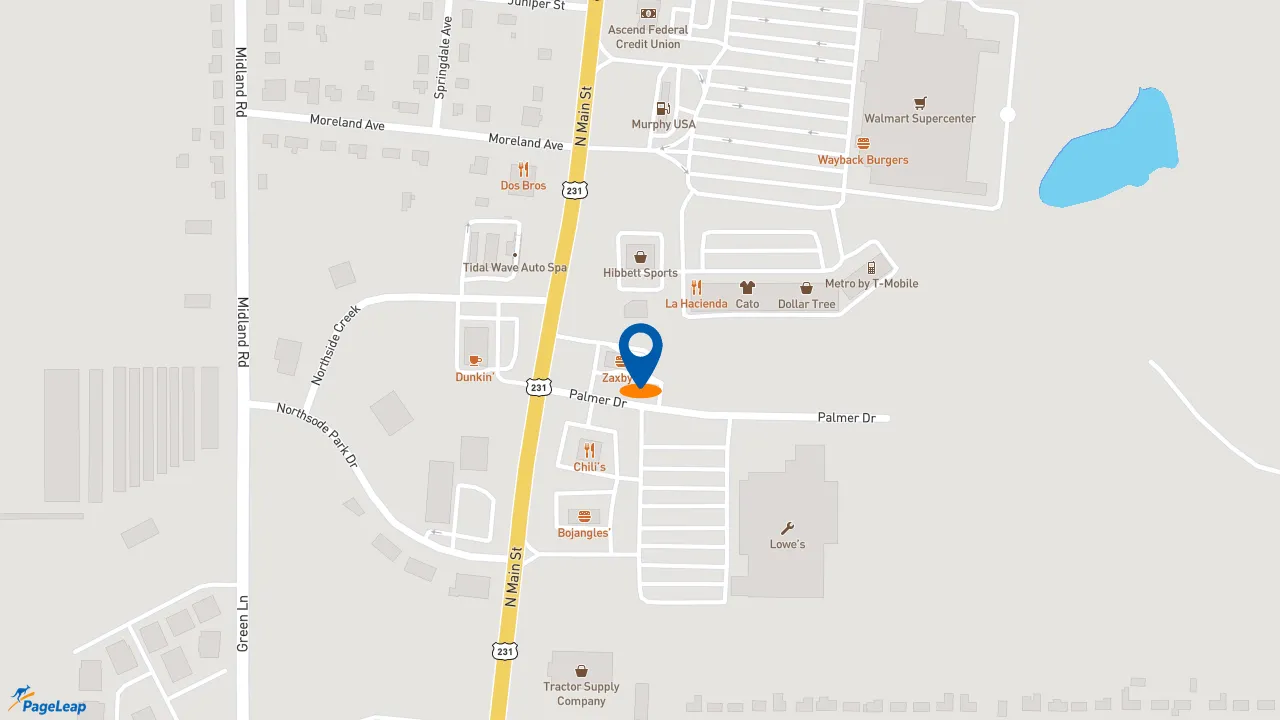 https://pageleap.com map showing location of Zaxby&#039;s Chicken Fingers &amp; Buffalo Wings in Shelbyville.