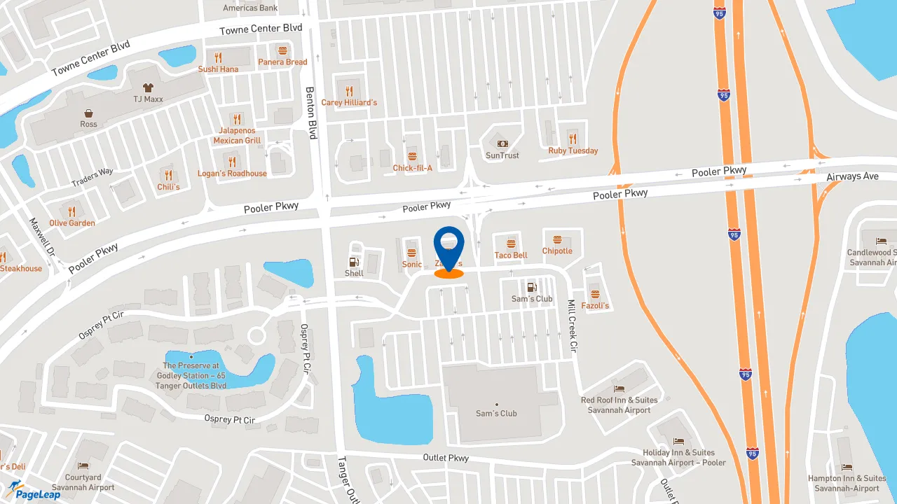 https://pageleap.com map showing location of Zaxby&#039;s Chicken Fingers &amp; Buffalo Wings in Pooler.