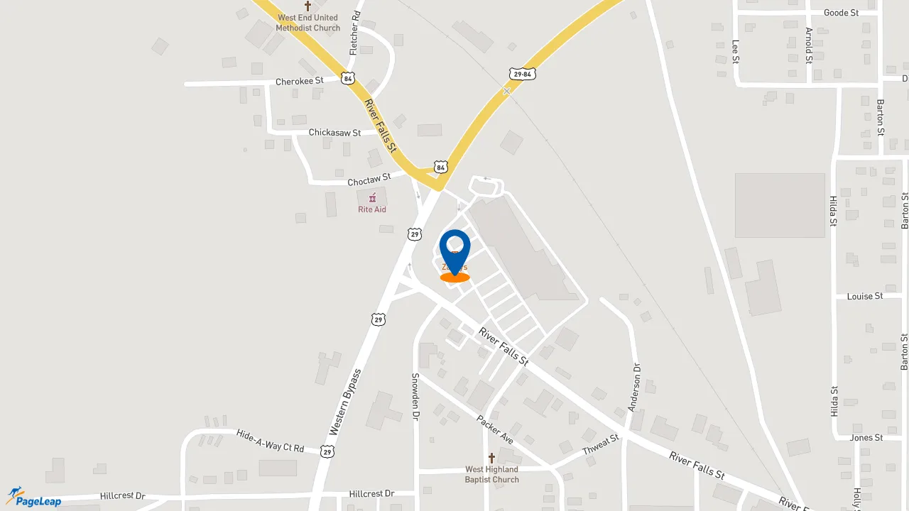 https://pageleap.com map showing location of Zaxby&#039;s Chicken Fingers &amp; Buffalo Wings in Andalusia.