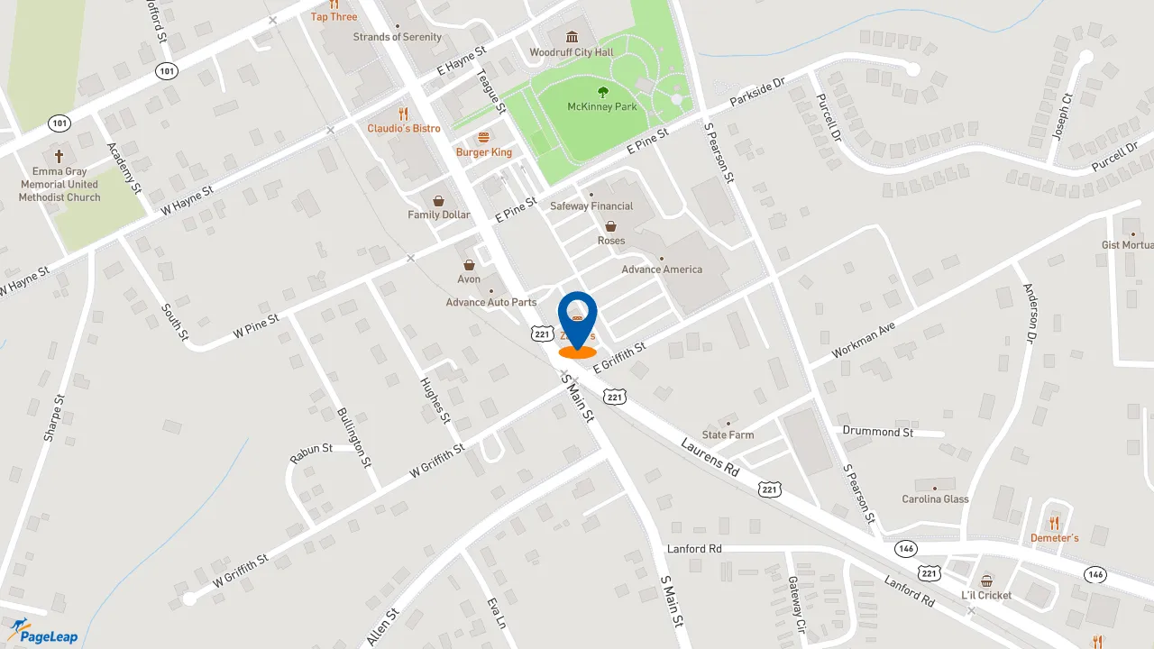 https://pageleap.com map showing location of Zaxby&#039;s Chicken Fingers &amp; Buffalo Wings in Woodruff.