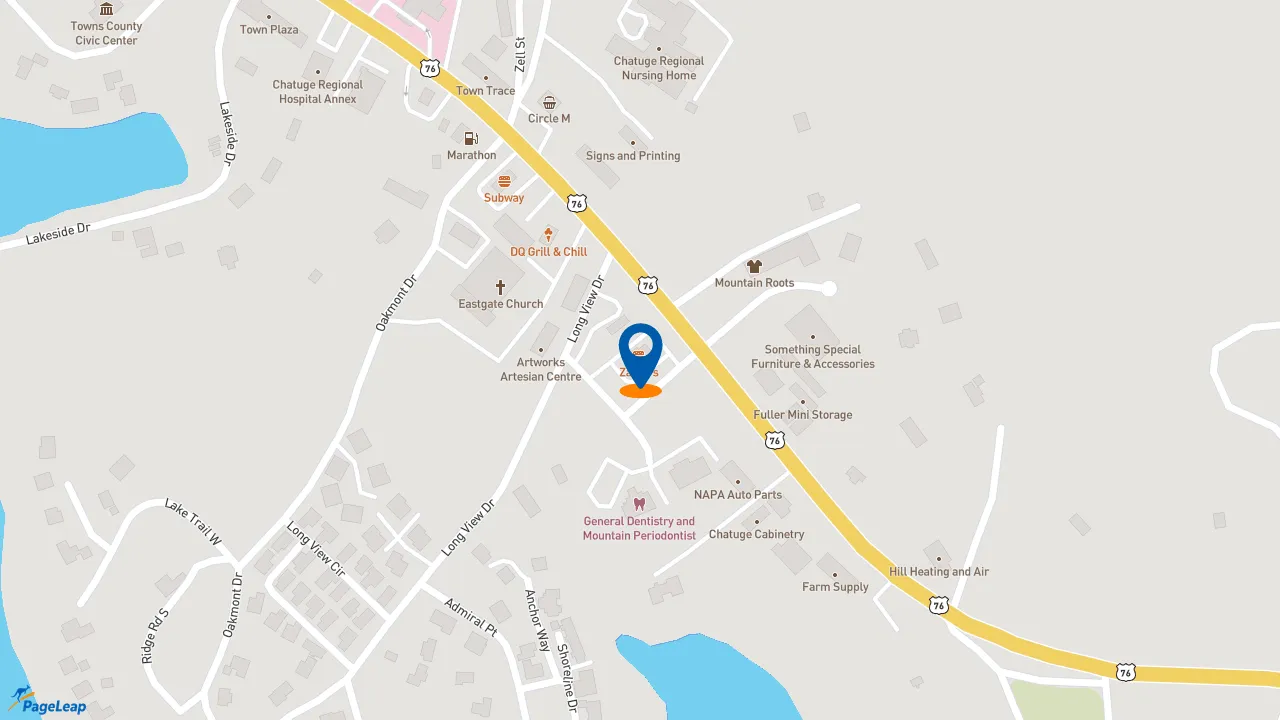 https://pageleap.com map showing location of Zaxby&#039;s Chicken Fingers &amp; Buffalo Wings in Hiawassee.