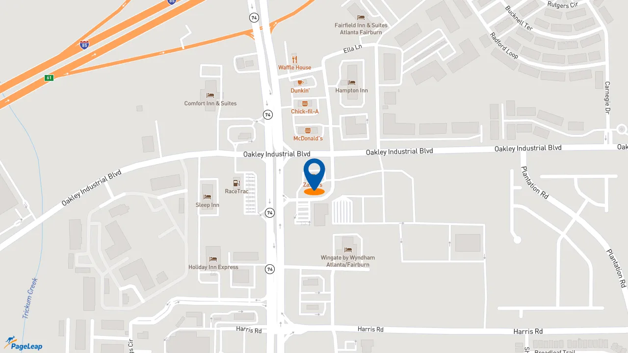 https://pageleap.com map showing location of Zaxby&#039;s Chicken Fingers &amp; Buffalo Wings in Fairburn.