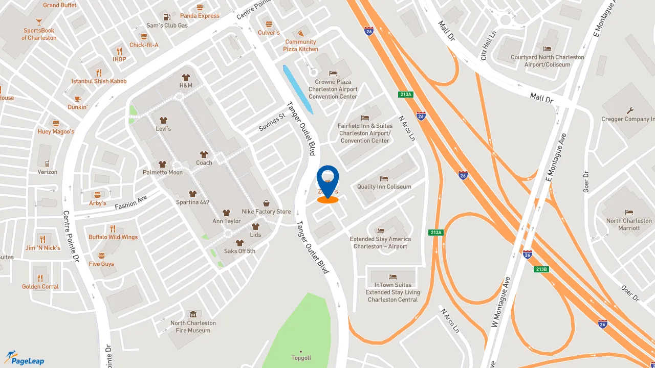 https://pageleap.com map showing location of Zaxby&#039;s Chicken Fingers &amp; Buffalo Wings in North Charleston.