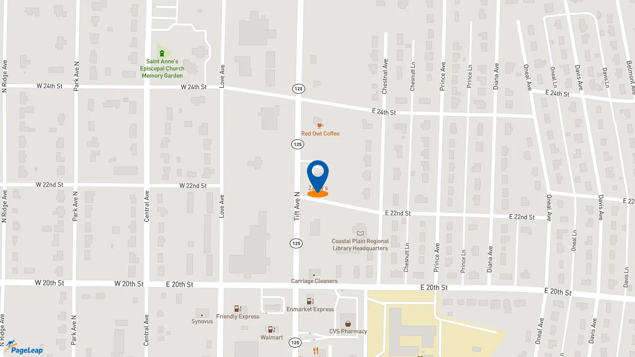 https://pageleap.com map showing location of Zaxby&#039;s Chicken Fingers &amp; Buffalo Wings in Tifton.
