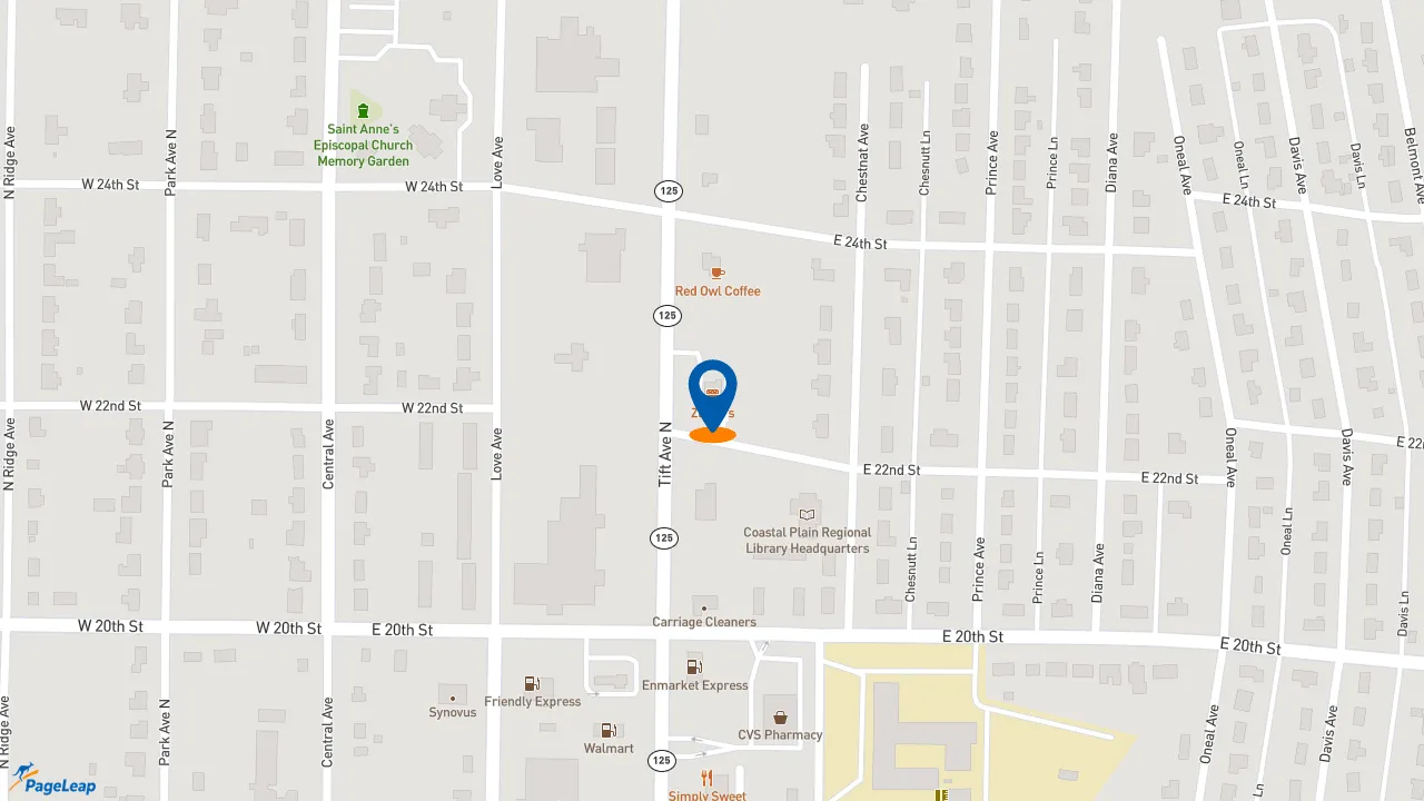 https://pageleap.com map showing location of Zaxby&#039;s Chicken Fingers &amp; Buffalo Wings in Tifton.