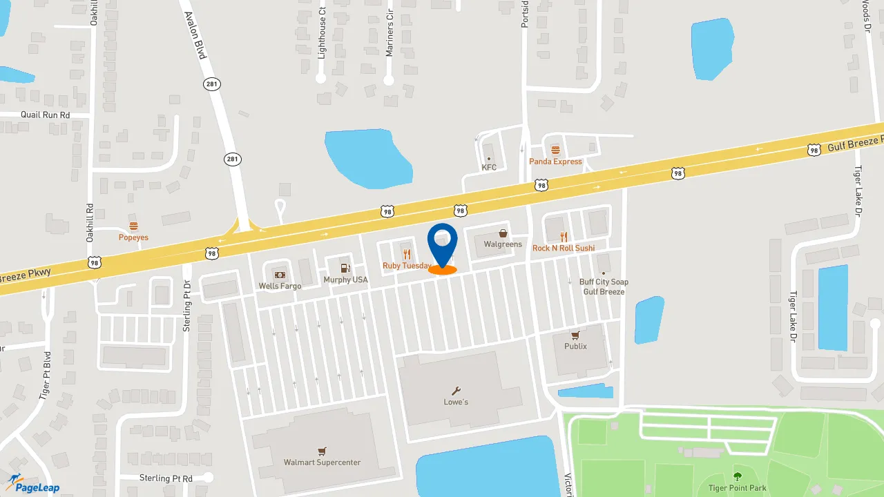 https://pageleap.com map showing location of Zaxby&#039;s Chicken Fingers &amp; Buffalo Wings in Gulf Breeze.
