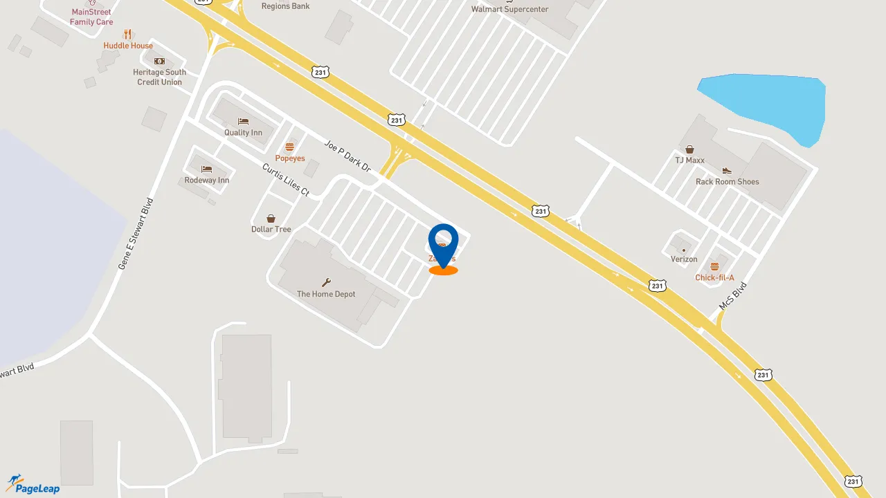https://pageleap.com map showing location of Zaxby&#039;s Chicken Fingers &amp; Buffalo Wings in Sylacauga.