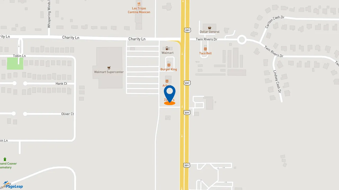 https://pageleap.com map showing location of Zaxby&#039;s Chicken Fingers &amp; Buffalo Wings in Hazel Green.