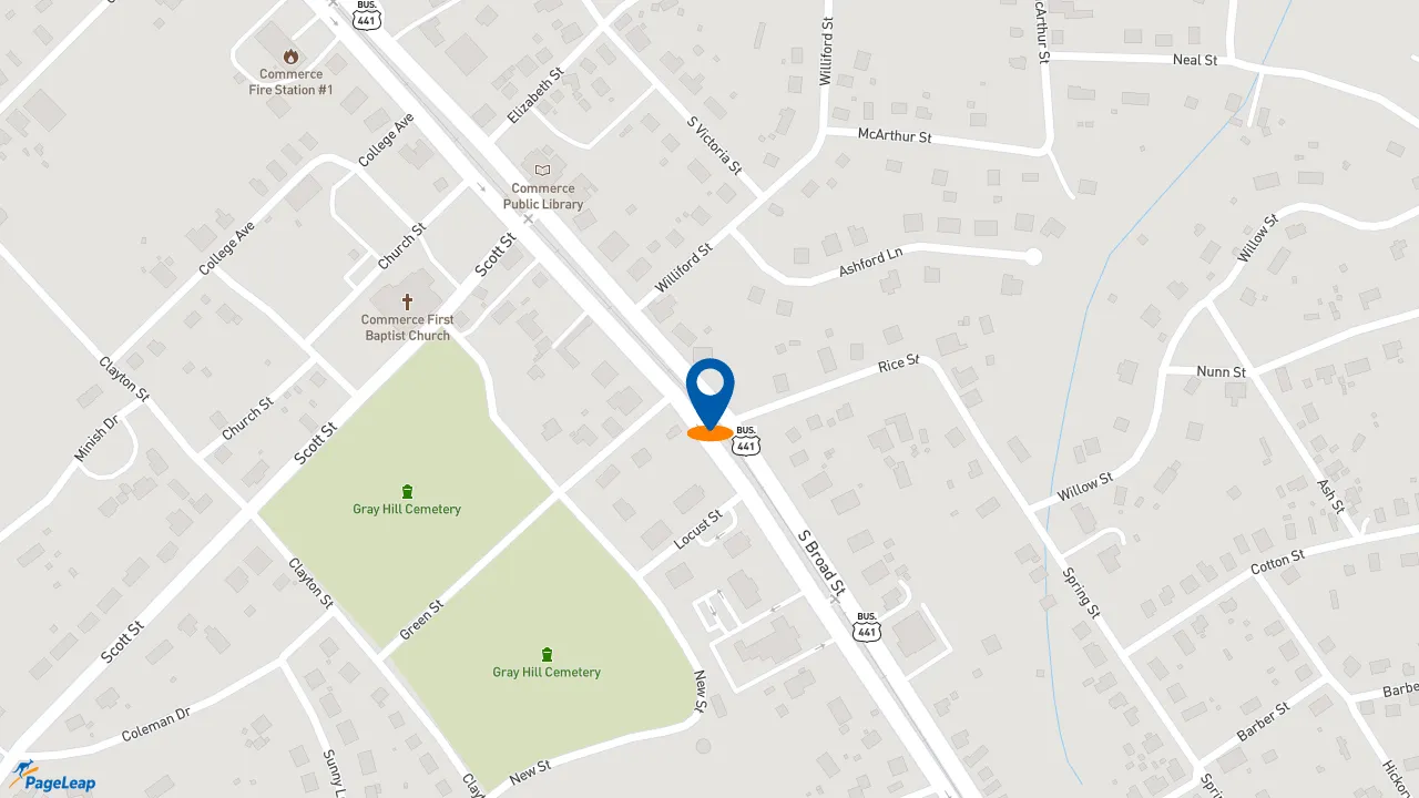 https://pageleap.com map showing location of Zaxby&#039;s Chicken Fingers &amp; Buffalo Wings in Commerce.