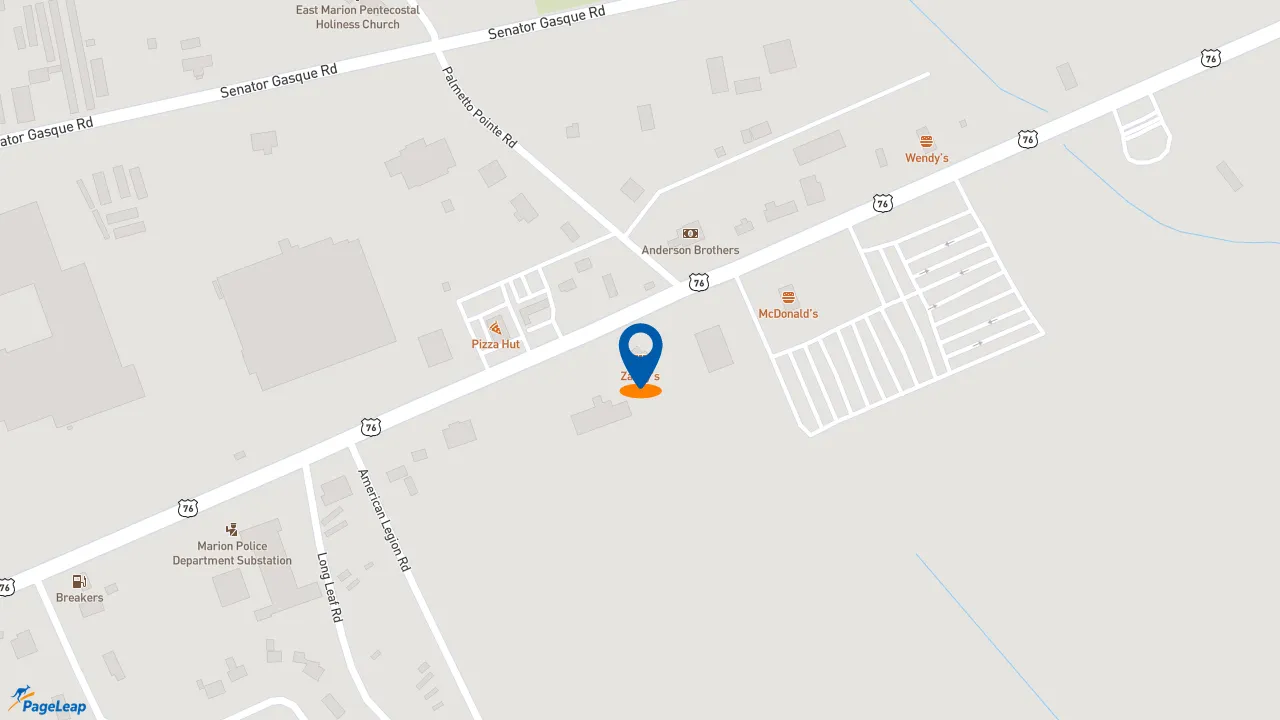 https://pageleap.com map showing location of Zaxby&#039;s Chicken Fingers &amp; Buffalo Wings in Marion.