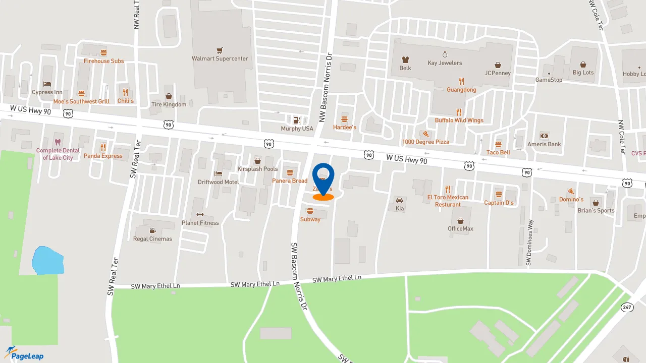 https://pageleap.com map showing location of Zaxby&#039;s Chicken Fingers &amp; Buffalo Wings in Lake City.