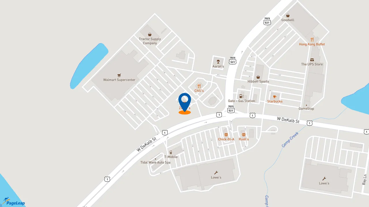https://pageleap.com map showing location of Zaxby&#039;s Chicken Fingers &amp; Buffalo Wings in Camden.