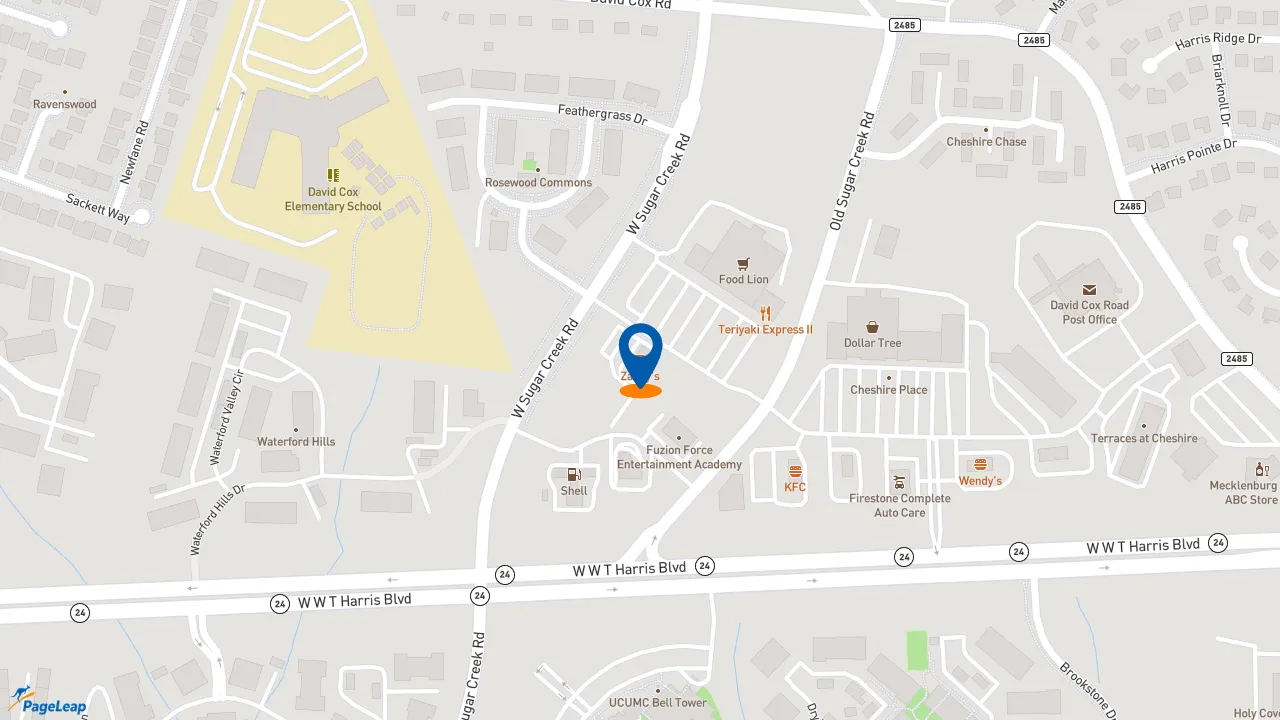 https://pageleap.com map showing location of Zaxby&#039;s Chicken Fingers &amp; Buffalo Wings in Charlotte.