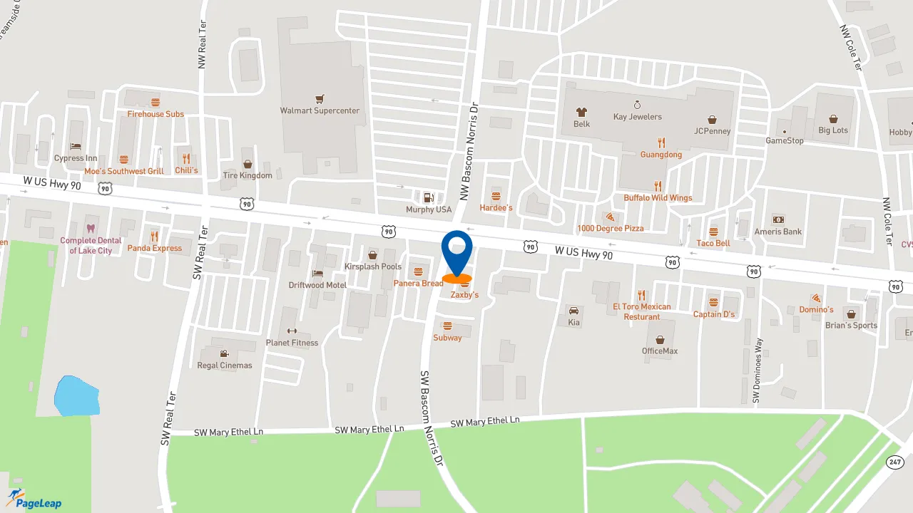 https://pageleap.com map showing location of Zaxby&#039;s Chicken Fingers &amp; Buffalo Wings in Lake City.
