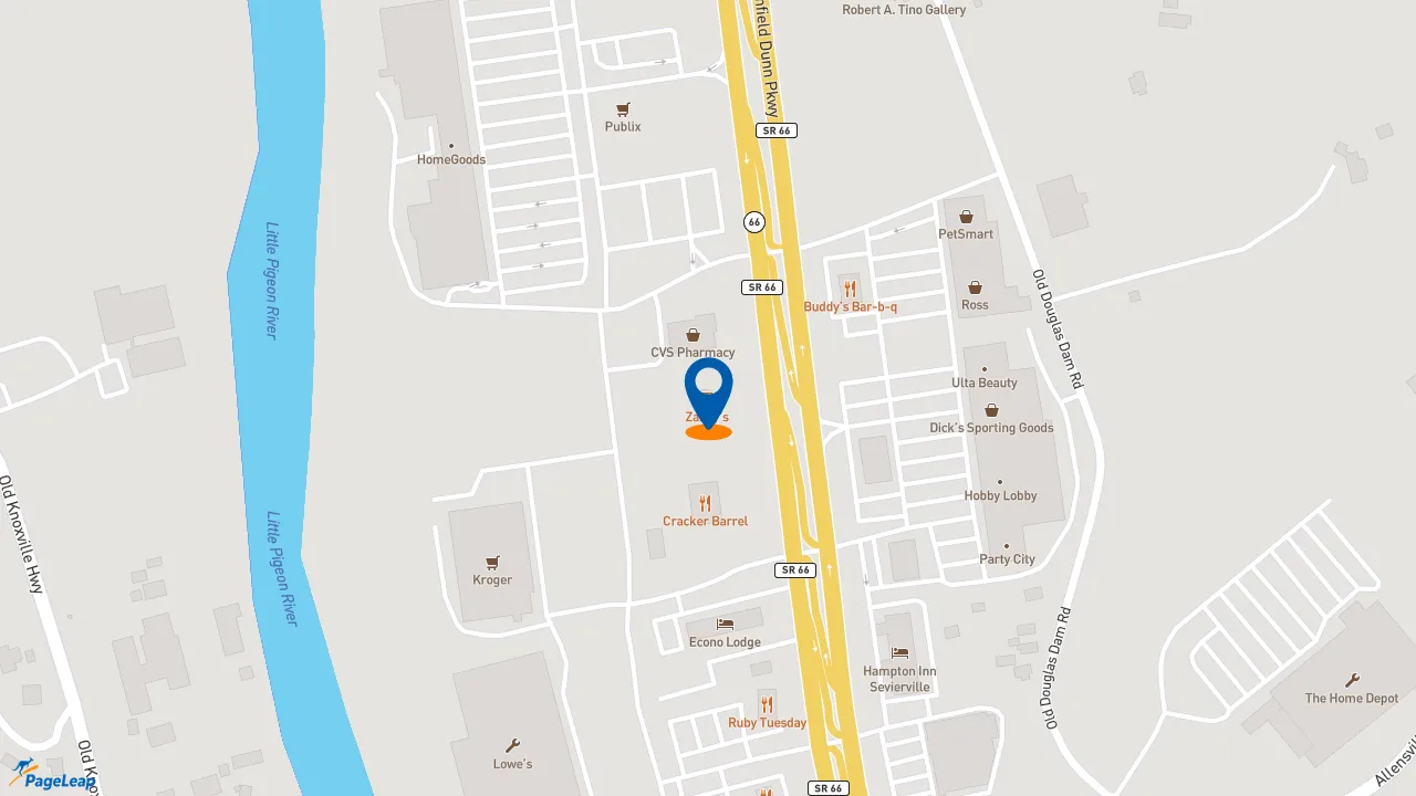 https://pageleap.com map showing location of Zaxby&#039;s Chicken Fingers &amp; Buffalo Wings in Sevierville.