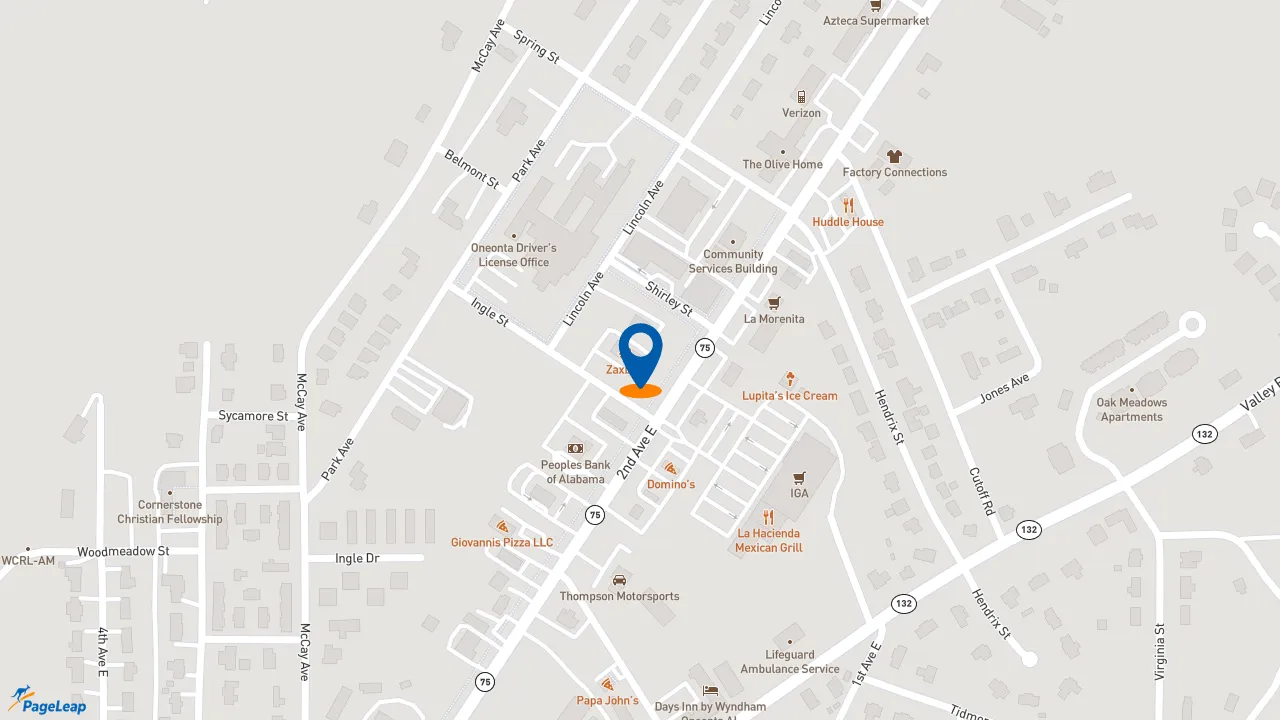 https://pageleap.com map showing location of Zaxby&#039;s in Oneonta.