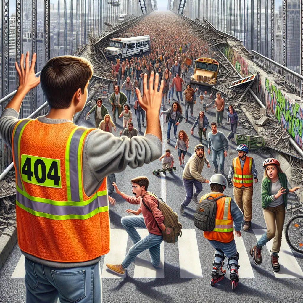 An anxious teenager in an orange safety vest waves frantically, alerting a crowd of pedestrians, cyclists, skateboarders, and rollerbladers of a damaged bridge ahead. A '404' sign warns of broken connections.