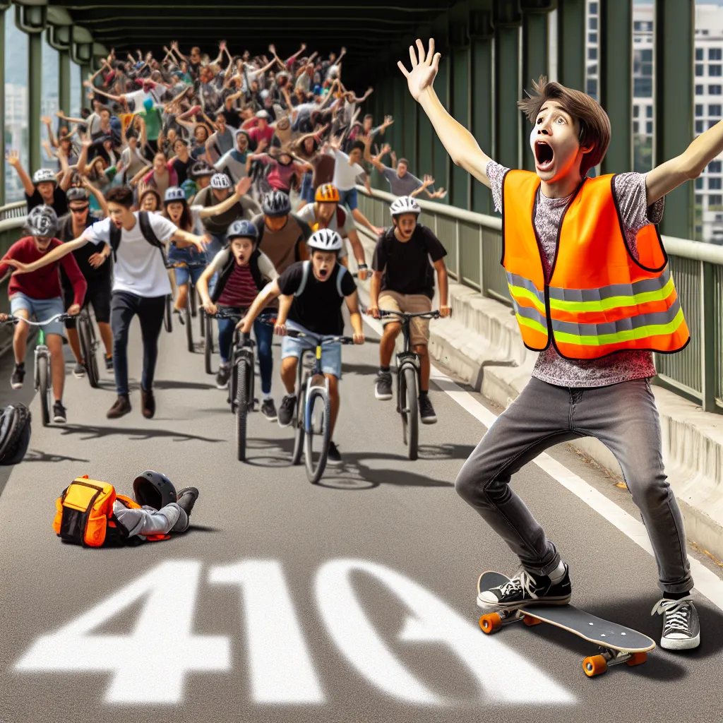 Teen in orange safety vest urgently signaling danger to the nearby crowd of pedestrians and wheeled-sport enthusiasts approaching the damaged edge of a broken bridge; 404 painted as a web error metaphor.