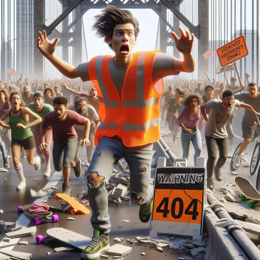 Anxious teen in orange safety vest and shorts, waving arms to alert a crowd of pedestrians, cyclists and skaters about a collapsed bridge while 404 warning is visible.