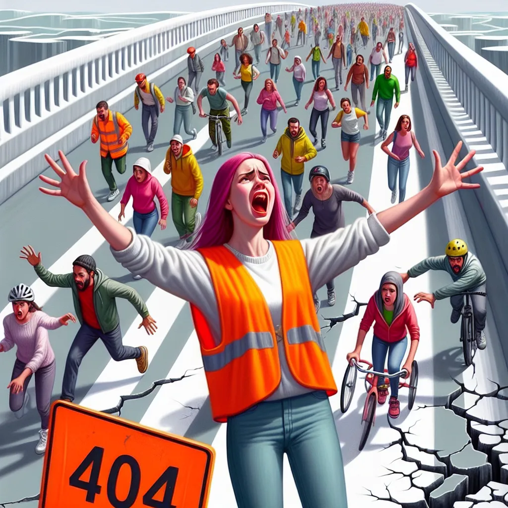 Alt text: A worried teenager in orange safety vest waving and shouting at a cautious crowd of pedestrians, cyclists, and skaters near a broken bridge, while 404 sign indicates a disrupted path for online users.
