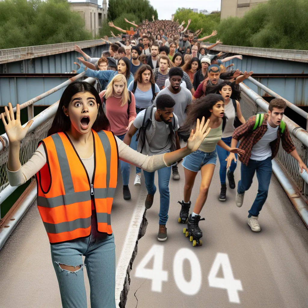 Anxious teenager in orange safety vest and jeans, alerting a crowd of pedestrians and skaters of a collapsed bridge. Recreation and travel halted, denoted by 404 sign.