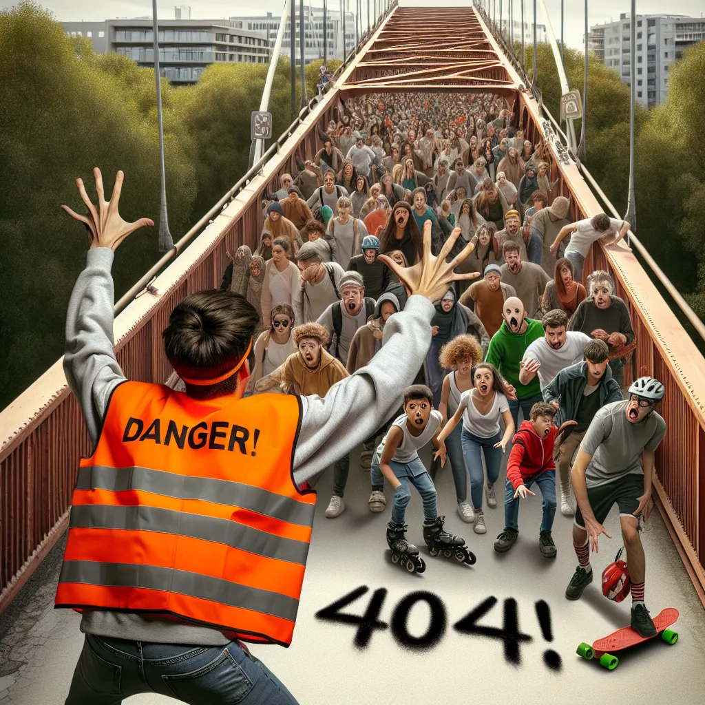 Anxious teen in jeans and reflective orange safety vest, frantically waving arms to warn a mixed crowd of pedestrians, bicyclists, skateboarders, and rollerbladers of a crumbling bridge edge. The scene is underscored by a '404' graffiti symbol.