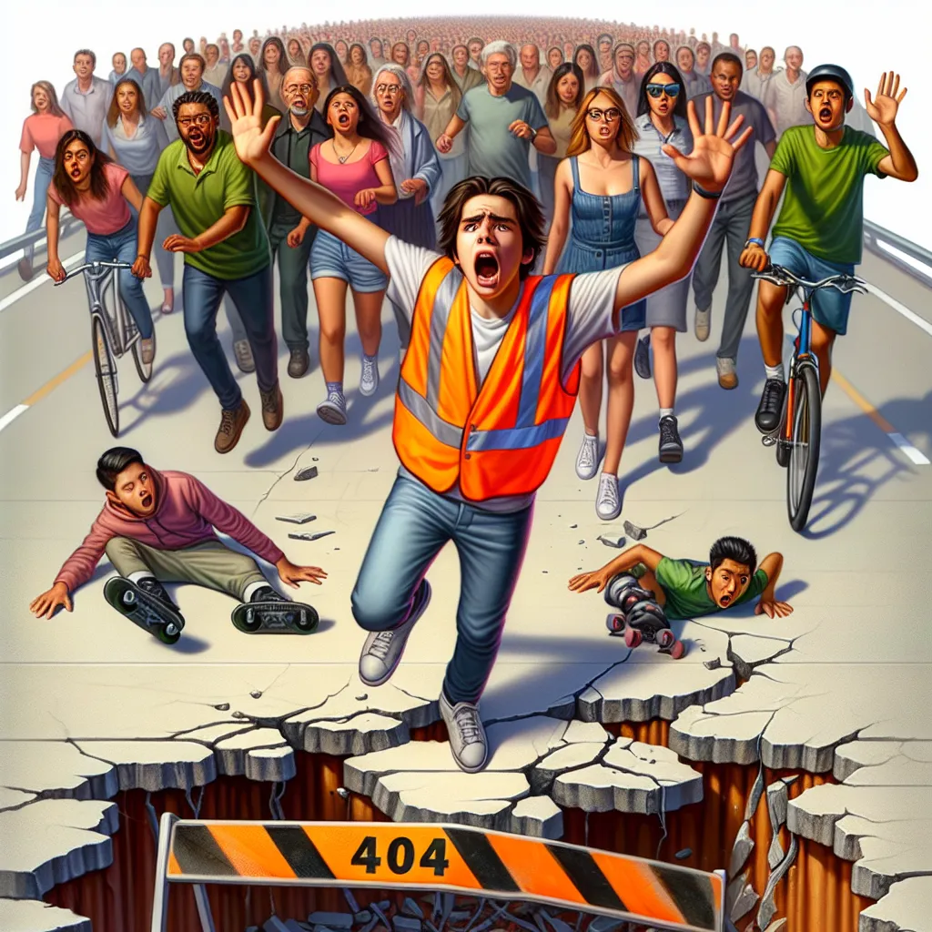 Alt text: An anxious teen in a reflective orange safety vest, urgently alerting a crowd of pedestrians, bicyclists, and skaters of a collapsed bridge. A 404 sign, symbolizing broken web connections, is present.