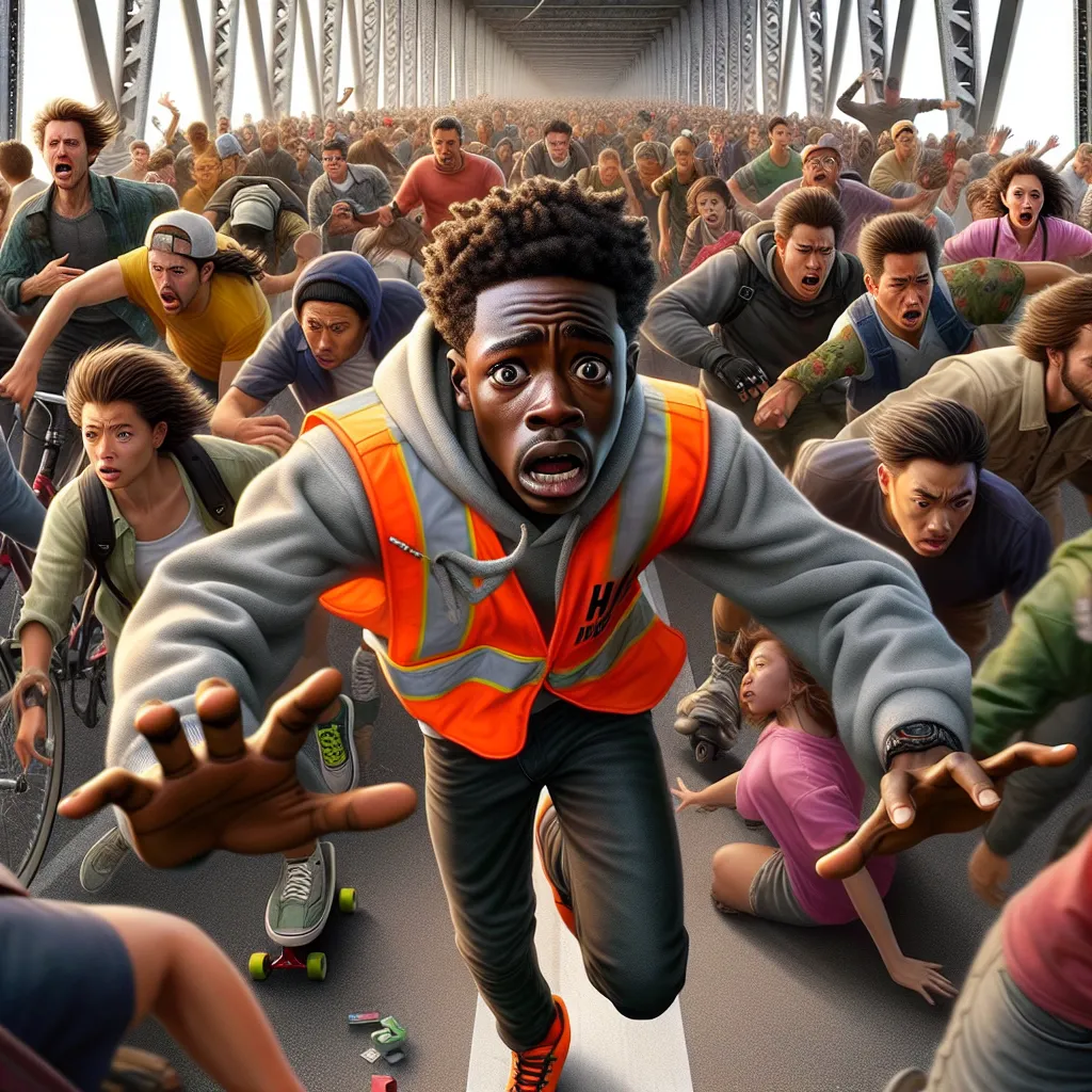 An anxious teenager in a reflective orange safety vest and hat, waving arms to alert a cautious crowd of pedestrians, cyclists, skateboarders, and rollerbladers approaching a compromised bridge. 404 written on surface indicates website's broken links.