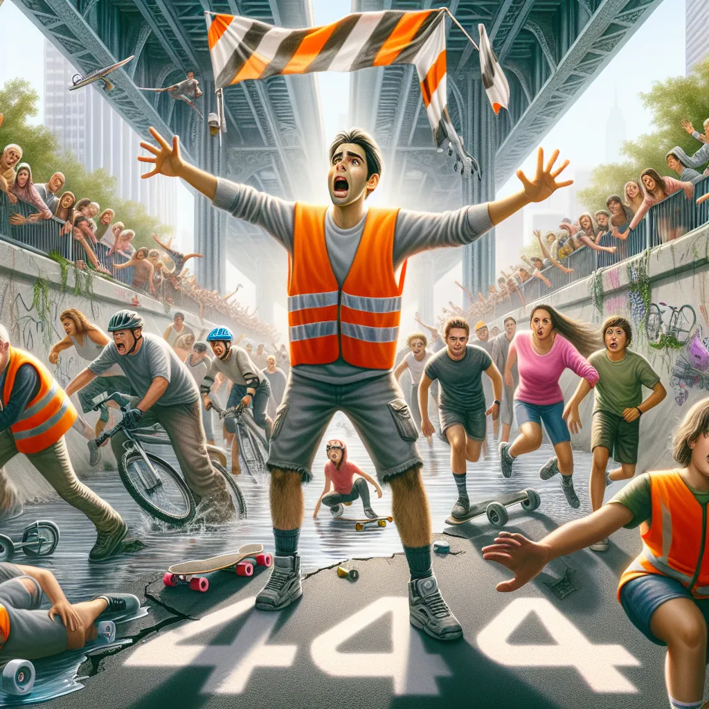 An anxious teenager in a reflective orange safety vest and shorts frantically signaling danger to a crowd of pedestrians, bicyclists, skateboarders, and rollerbladers near a collapsed bridge with a 404 warning.